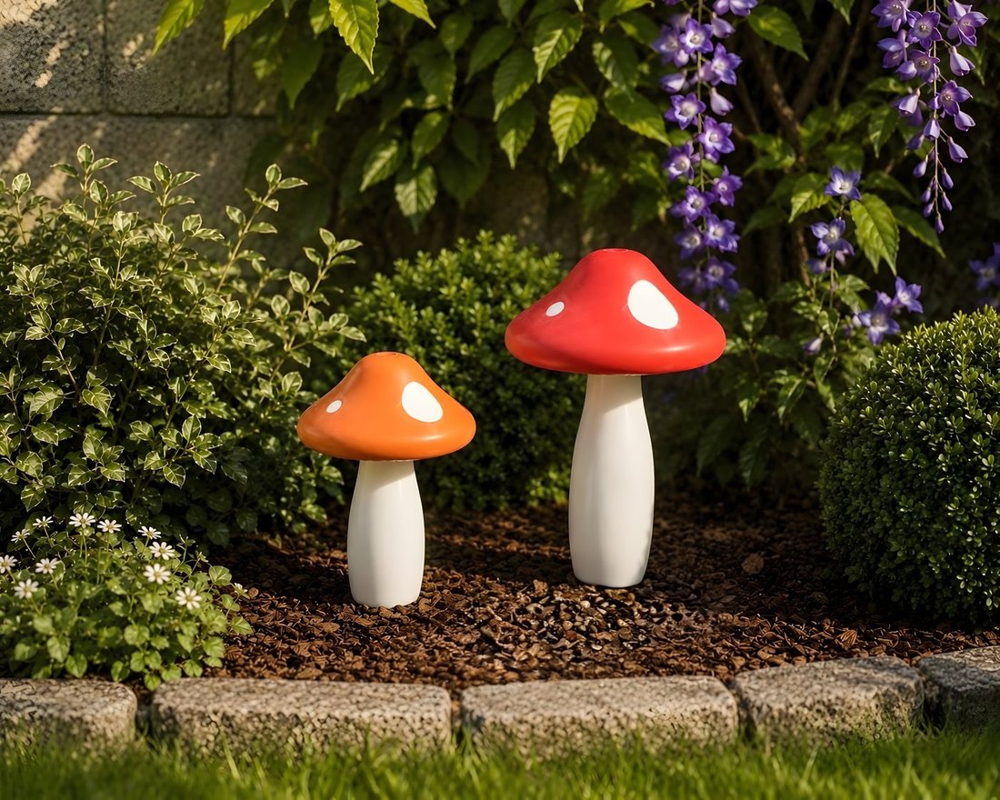 3D printed mushroom garden ornaments in a shaded garden border