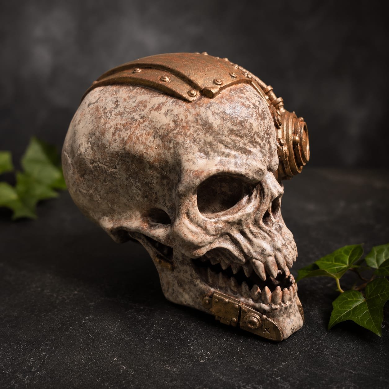 Left side of the finished steampunk skull showing the riveted head plating