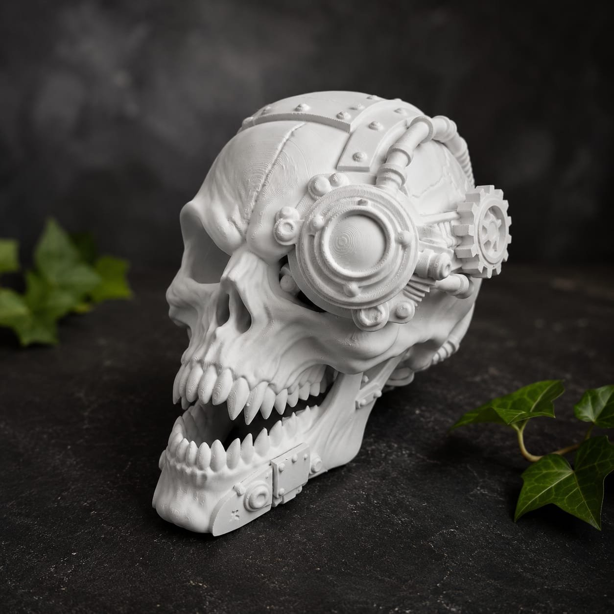 Raw white 3D print of a steampunk skull, straight off the printer